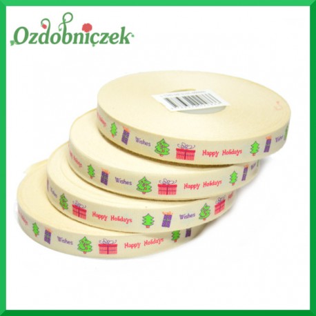 Wstążka tasiemka BAWEŁNIANA z napisem HAPPY HOLIDAYS 15mm/27mb