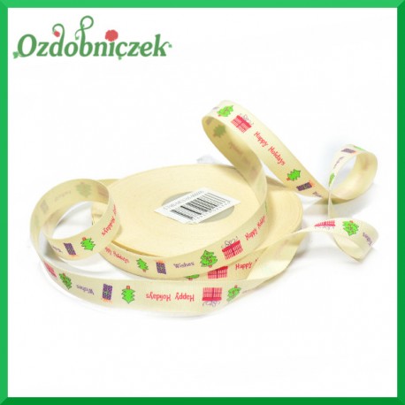 Wstążka tasiemka BAWEŁNIANA z napisem HAPPY HOLIDAYS 15mm/1mb