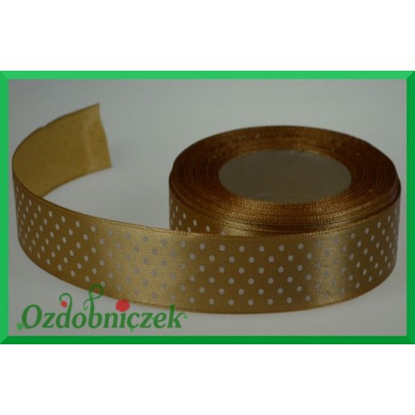 Tasiemka satynowa w kropki 25mm złota/22mb