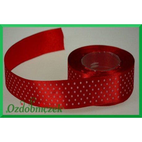 Tasiemka satynowa w kropki 25mm czerwona/22mb