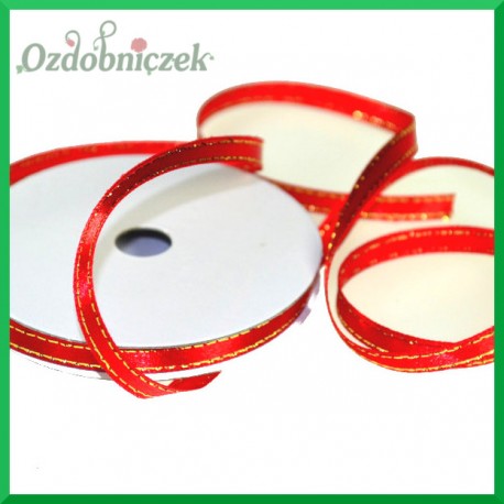 Tasiemka satynowa ze złotą nitką 6 czerwona