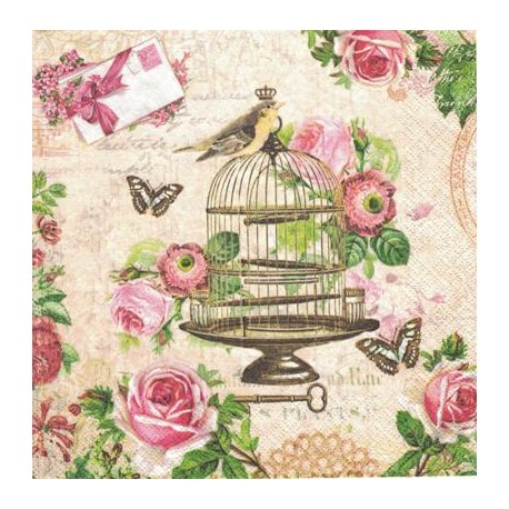 Serwetka do decoupage KLATKA PTAKI RÓŻE