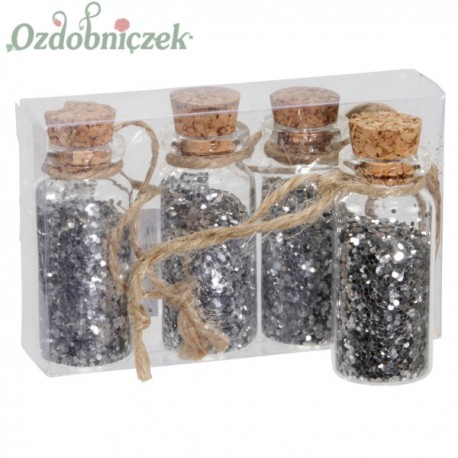 Drobinki brokatu - butelki ozdobne SREBRNE 4szt. ZESTAW