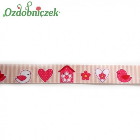 Tasiemka RYPSOWA z motywem PTASZKÓW DOMKÓW SERC 22mm/3mb