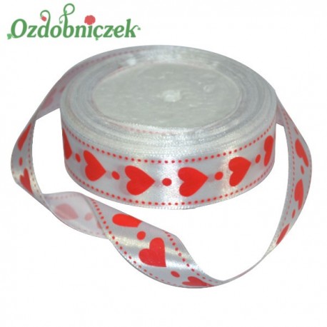 Tasiemka SATYNOWA BIAŁA serca i kropki 25mm 22mb