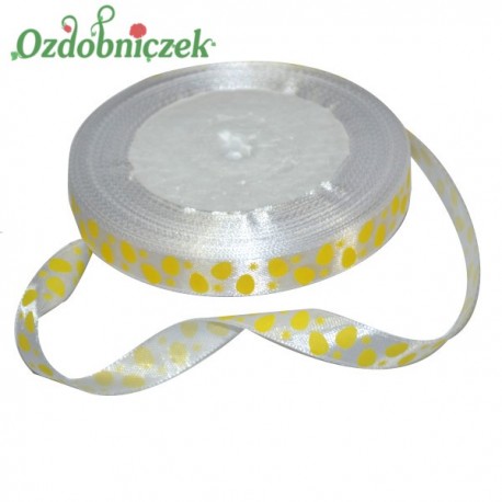 Tasiemka SATYNOWA BIAŁA pisanki żółte 12mm 22mb