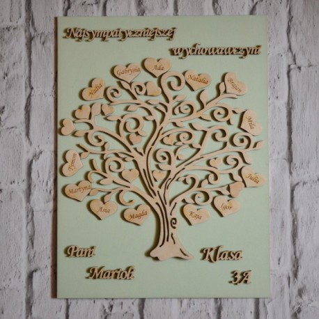 Drzewko podziękowanie dla nauczycieli ze sklejki, tło miętowe 