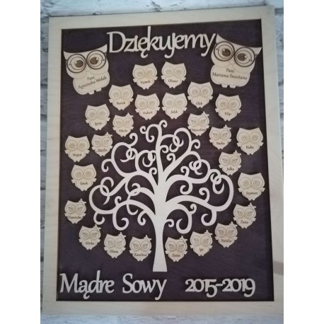 Drzewko podziękowanie dla nauczycieli SÓWKI ze sklejki, tło brąz wenge, w ramce