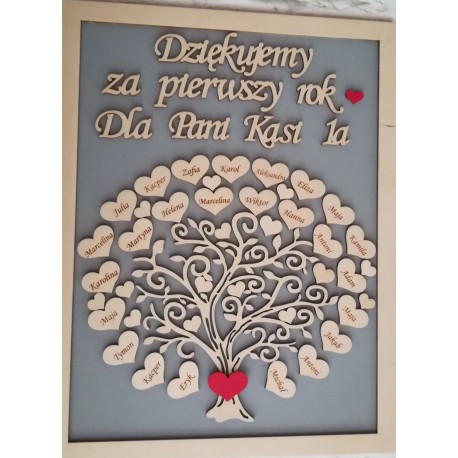 Drzewko podziękowanie dla nauczycieli SÓWKI ze sklejki, tło szare, w ramce