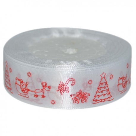 Tasiemka SATYNOWA biała z motyw czerwony MIKOŁAJ SANIE RENIFER 25mm/22mb ROLKA