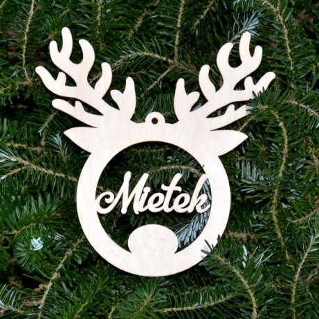 Bombka ze sklejki RENIFER + imię 16cm