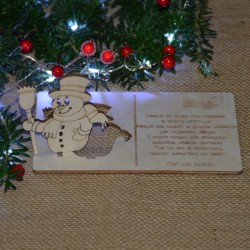 Kartka drewniana na święta życzenia z BAŁWANKIEM + koperta, Twój podpis
