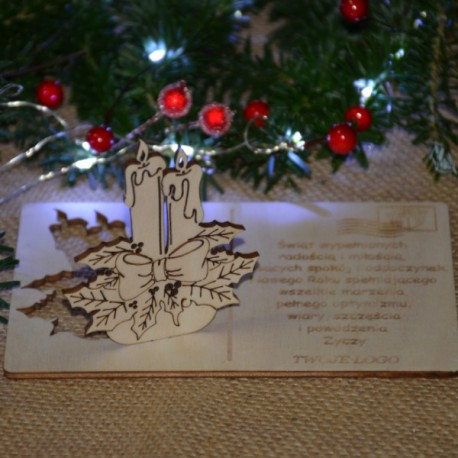 Kartka drewniana na święta życzenia ze ŚWIECZNIKIEM + koperta, Twój podpis