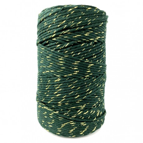 Sznurek bawełniany ciemna zieleń ze złotą nitką 100g