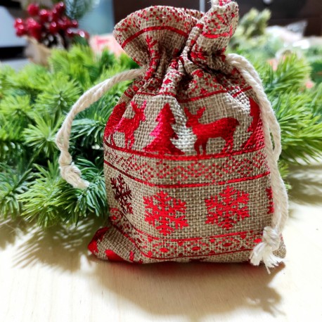 Woreczek JUTOWY czerowne śnieżynki reniferki choinki 10x13,5cm