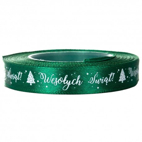 Tasiemka SATYNOWA ZIELONA z nadrukiem WESOŁYCH ŚWIĄT 12mm/23mb