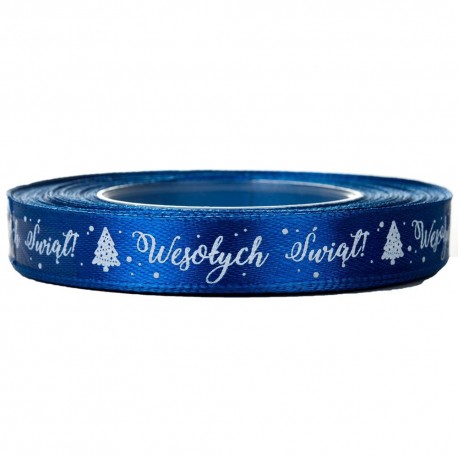 Tasiemka SATYNOWA NIEBIESKA z nadrukiem WESOŁYCH ŚWIĄT 12mm/23mb