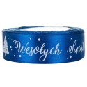 Tasiemka SATYNOWA NIEBIESKA z nadrukiem WESOŁYCH ŚWIĄT 25mm/23mb