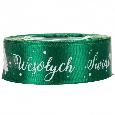 Tasiemka SATYNOWA ZIELONA z nadrukiem WESOŁYCH ŚWIĄT 25mm/23mb