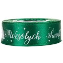 Tasiemka SATYNOWA ZIELONA z nadrukiem WESOŁYCH ŚWIĄT 25mm/23mb