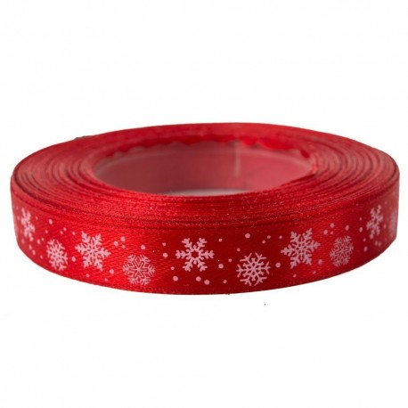Tasiemka SATYNOWA CZERWONA z nadrukiem śnieżynek 12mm/23mb