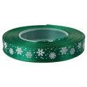 Tasiemka SATYNOWA ZIELONA z nadrukiem śnieżynek 12mm/23mb