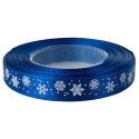 Tasiemka SATYNOWA NIEBIESKA z nadrukiem śnieżynek 12mm/23mb