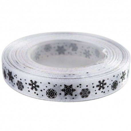 Tasiemka SATYNOWA BIAŁA z nadrukiem śnieżynek 12mm/23mb