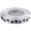 Tasiemka SATYNOWA BIAŁA z nadrukiem śnieżynek 12mm/23mb