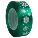 Tasiemka SATYNOWA ZIELONA z nadrukiem śnieżynek 25mm/23mb