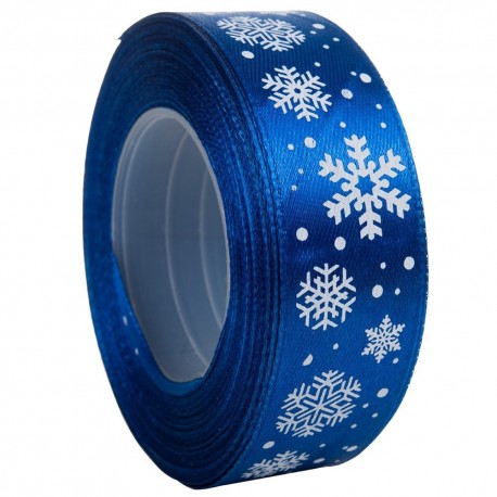 Tasiemka SATYNOWA NIEBIESKA z nadrukiem śnieżynek 25mm/23mb