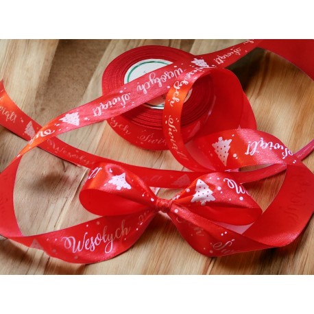 Tasiemka SATYNOWA CZERWONA z nadrukiem WESOŁYCH ŚWIĄT 25mm/23mb