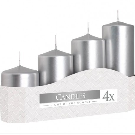 Świeca klubowa, walcowa 10cm/4,8cm srebrna metaliczna