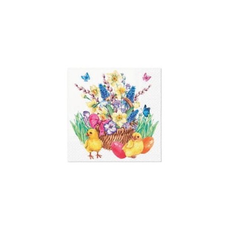 Serwetka do decoupage pisklaczki i kwiatki w koszyczku