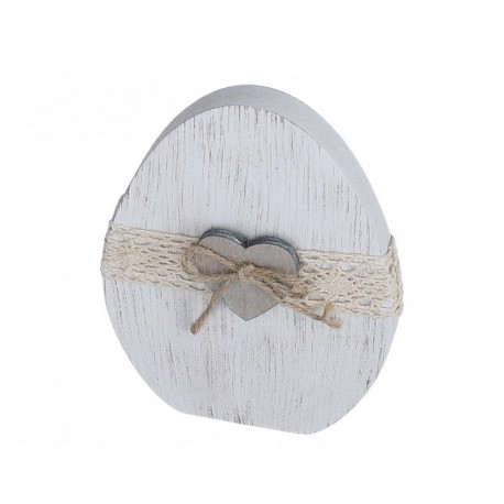 Jajko stojące drewniane BIAŁE z koronką i serduszkiem 1 szt -15 cm