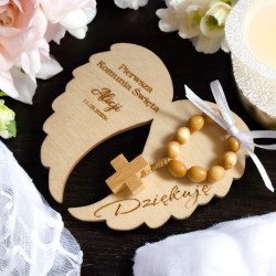 Personalizowane podziękowanie za obecność I Komuni Św. skrzydła anioła z różańcem