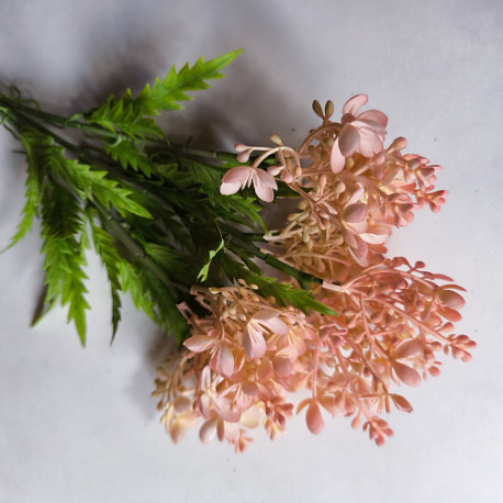 Bukiet gałązek, listki, kwiatuszki i pączki - 36cm - jasny róż