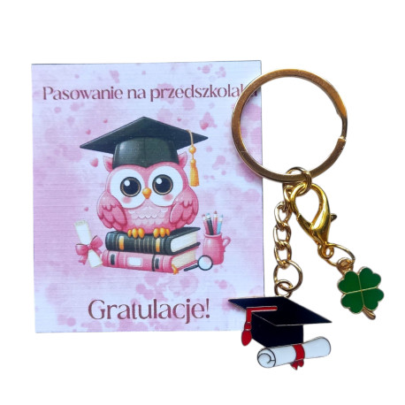 Brelok Pasowanie Na Przedszkolaka, rozpoczęcie edukacji, biret z koniczynką