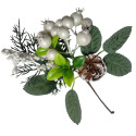 Gałązka igliwie, jagódki, jarzębina i szyszka - BIAŁA - 22CM - ECE1711