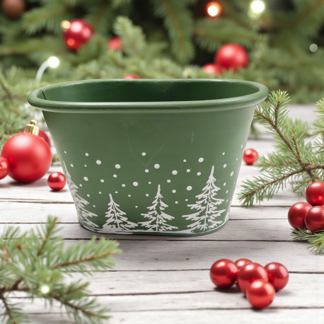 Donica metalowa, balia zielona w białe choinki