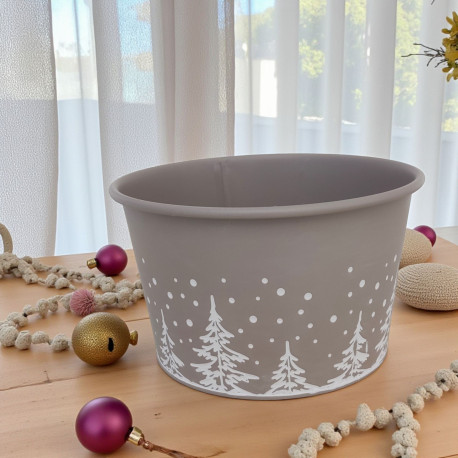 Donica metalowa, okragła, niska beżowa w białe choinki