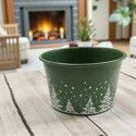 Donica metalowa, okragła, niska zielona w białe choinki