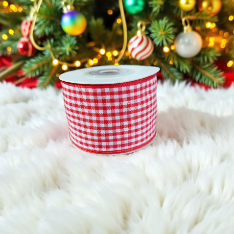 Tasiemka ozdobna biało-czerwono w drobną kratkę 2,5cm/10mb